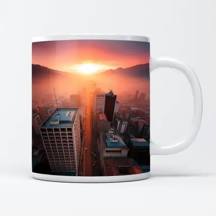 Aerial City Skyline Glowing Sunset Mountains