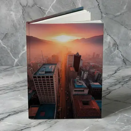 Aerial City Skyline Glowing Sunset Mountains