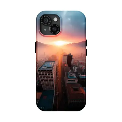 Aerial City Skyline Glowing Sunset Mountains
