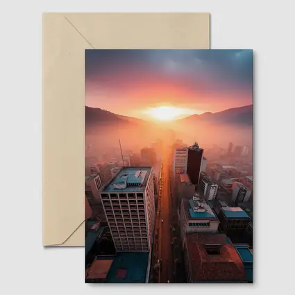 Aerial City Skyline Glowing Sunset Mountains