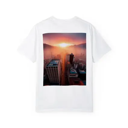 Aerial City Skyline Glowing Sunset Mountains