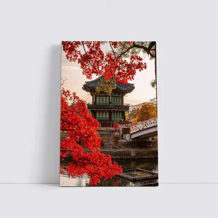 Korean Palace Pavilion Red Autumn Leaves