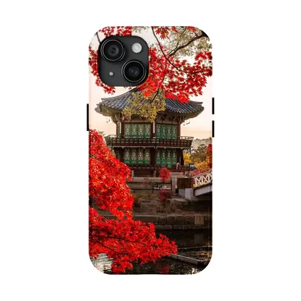 Korean Palace Pavilion Red Autumn Leaves