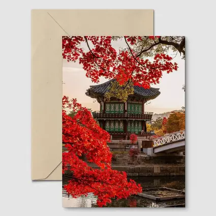 Korean Palace Pavilion Red Autumn Leaves