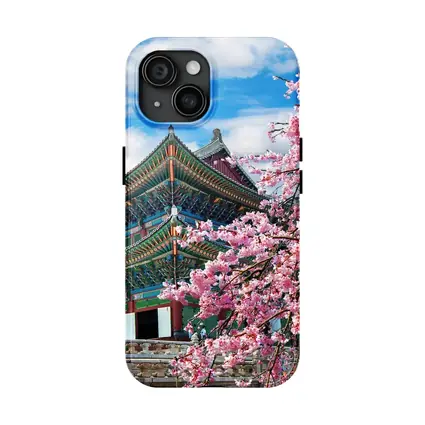 Korean Palace Cherry Blossoms Blue Sky