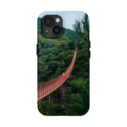 Red Suspension Bridge Green Mountain Forest