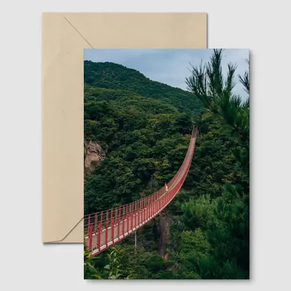 Red Suspension Bridge Green Mountain Forest