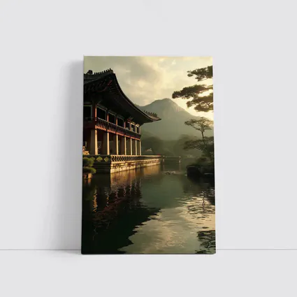 Korean Palace Pavilion Mountain Misty Lake