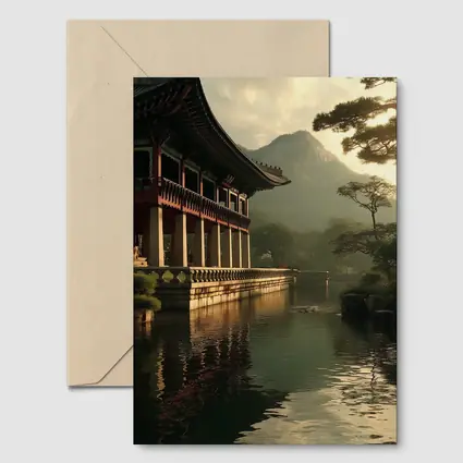 Korean Palace Pavilion Mountain Misty Lake