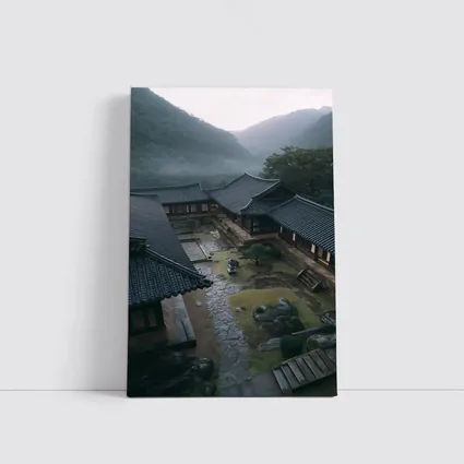 Korean Traditional Hanok Courtyard Misty Mountains