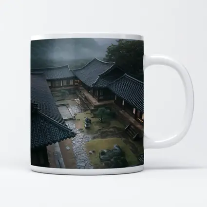 Korean Traditional Hanok Courtyard Misty Mountains