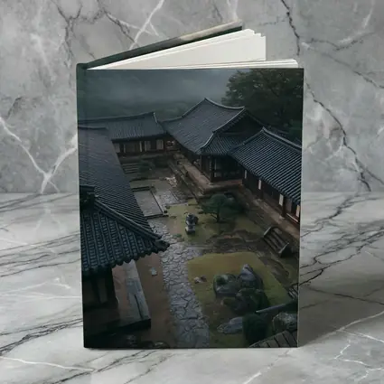 Korean Traditional Hanok Courtyard Misty Mountains