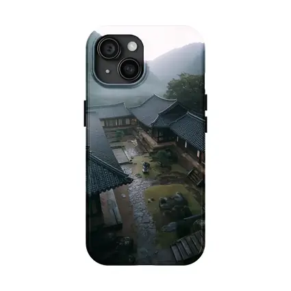 Korean Traditional Hanok Courtyard Misty Mountains