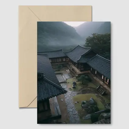 Korean Traditional Hanok Courtyard Misty Mountains