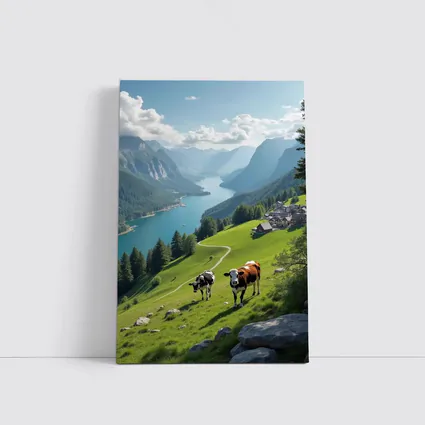 Cows Grazing Alpine Meadow Mountain Lake View