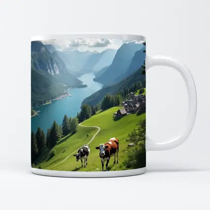 Cows Grazing Alpine Meadow Mountain Lake View