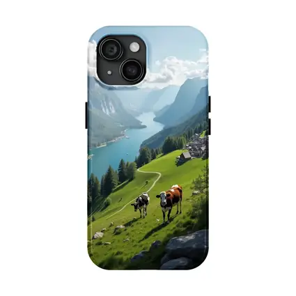 Cows Grazing Alpine Meadow Mountain Lake View