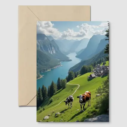 Cows Grazing Alpine Meadow Mountain Lake View