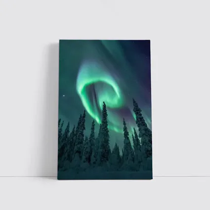 Aurora Borealis Spiral Over Snowy Forest
