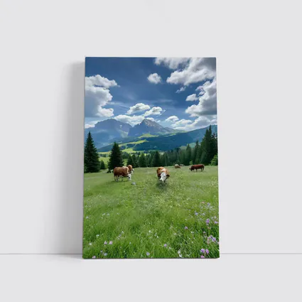 Cows Grazing Alpine Meadow Mountains Blue Sky