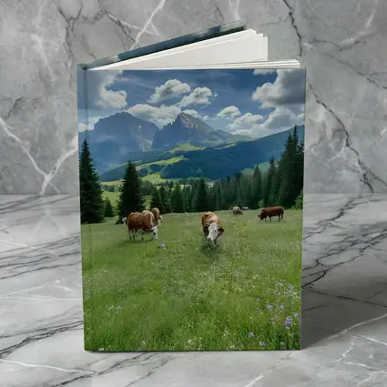Cows Grazing Alpine Meadow Mountains Blue Sky