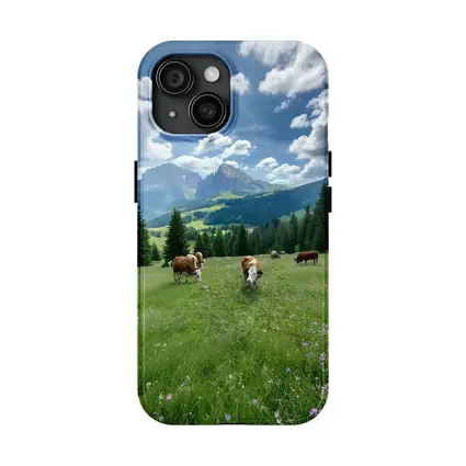 Cows Grazing Alpine Meadow Mountains Blue Sky