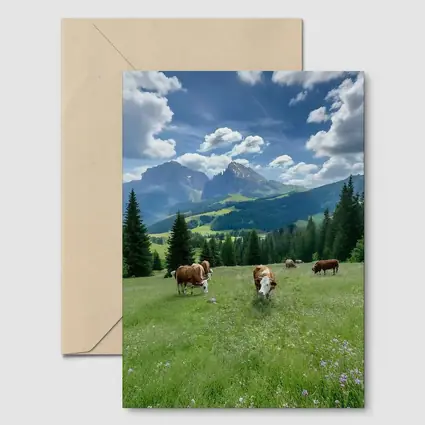 Cows Grazing Alpine Meadow Mountains Blue Sky