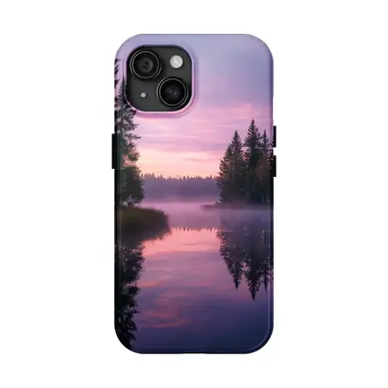 Misty Lake Forest Sunrise Pink Sky