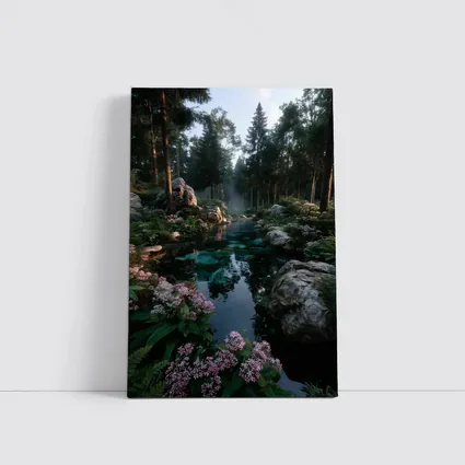 Forest River With Rocks And Pink Flowers