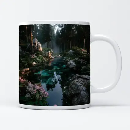 Forest River With Rocks And Pink Flowers