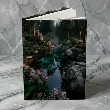 Forest River With Rocks And Pink Flowers