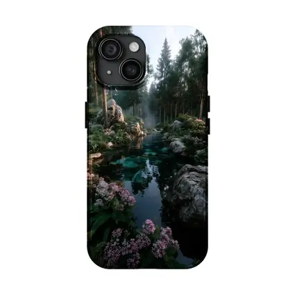 Forest River With Rocks And Pink Flowers