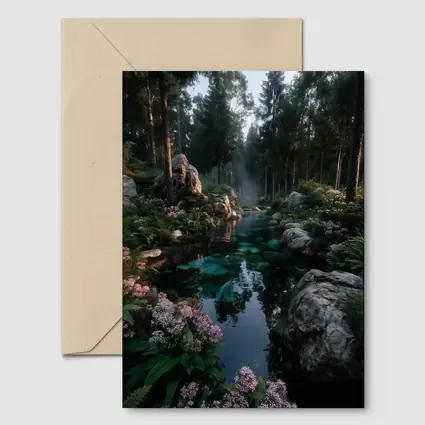 Forest River With Rocks And Pink Flowers