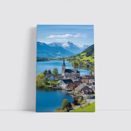Alpine Lake Village Church Switzerland Mountains