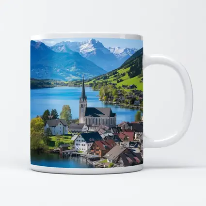 Alpine Lake Village Church Switzerland Mountains