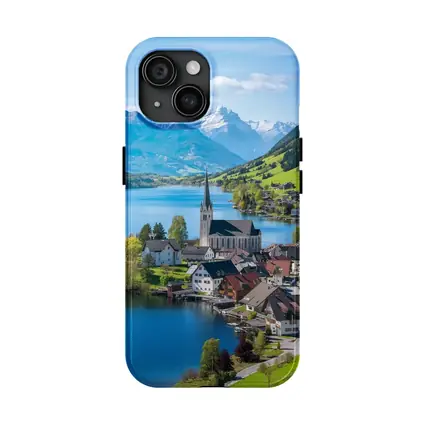 Alpine Lake Village Church Switzerland Mountains