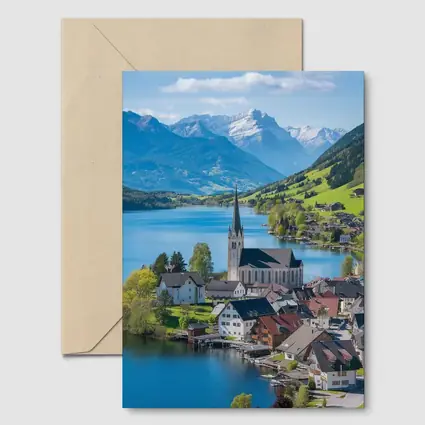 Alpine Lake Village Church Switzerland Mountains