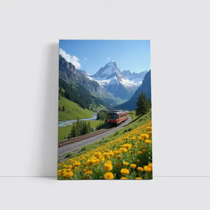 Red Train Swiss Alps Yellow Wildflowers Valley
