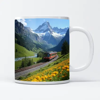 Red Train Swiss Alps Yellow Wildflowers Valley