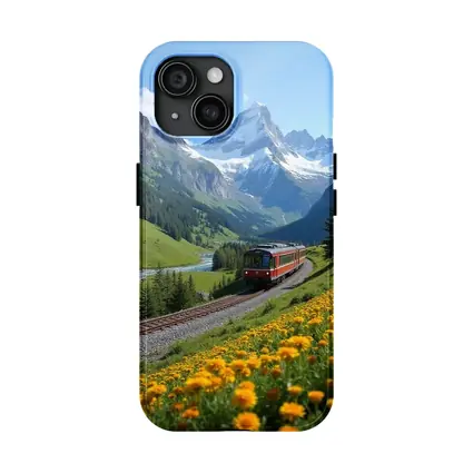 Red Train Swiss Alps Yellow Wildflowers Valley