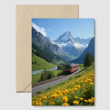 Red Train Swiss Alps Yellow Wildflowers Valley