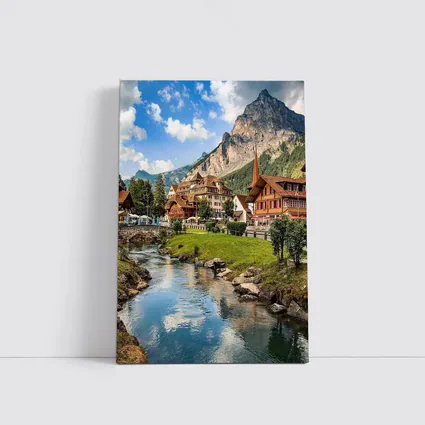 Swiss Alpine Village Stream Mountains Scenic View