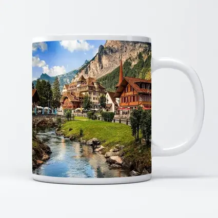 Swiss Alpine Village Stream Mountains Scenic View