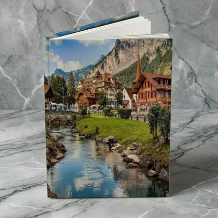 Swiss Alpine Village Stream Mountains Scenic View