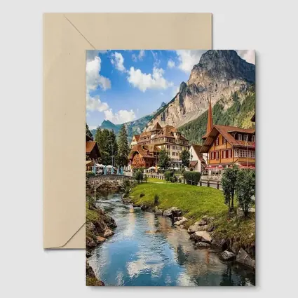 Swiss Alpine Village Stream Mountains Scenic View