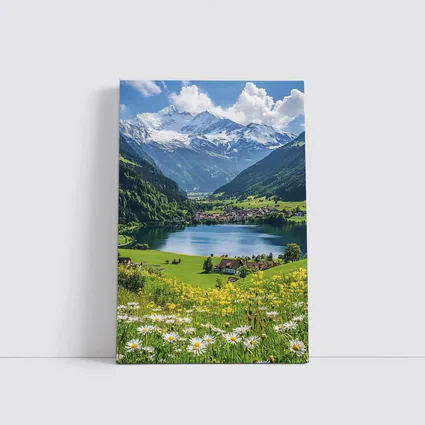 Alpine Lake Village Snow Capped Mountains Daisies