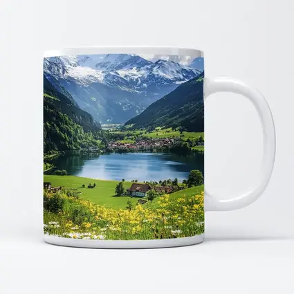 Alpine Lake Village Snow Capped Mountains Daisies