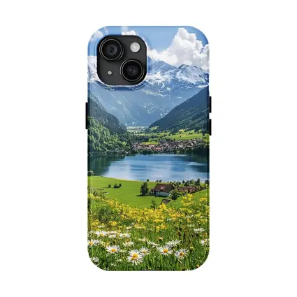 Alpine Lake Village Snow Capped Mountains Daisies