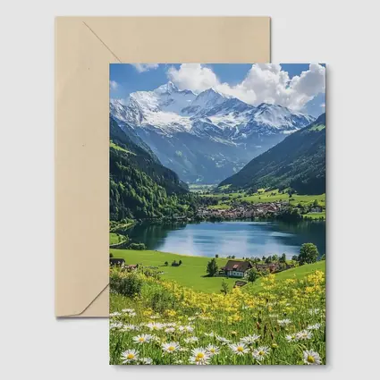 Alpine Lake Village Snow Capped Mountains Daisies