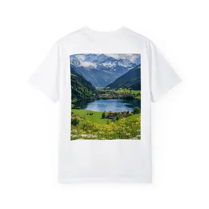 Alpine Lake Village Snow Capped Mountains Daisies